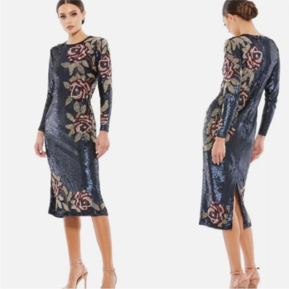 Mac Duggal Sequin Long Sleeve Dress - Navy and Red
